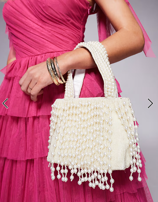 True Decadence pearl tassel beaded bag in white
