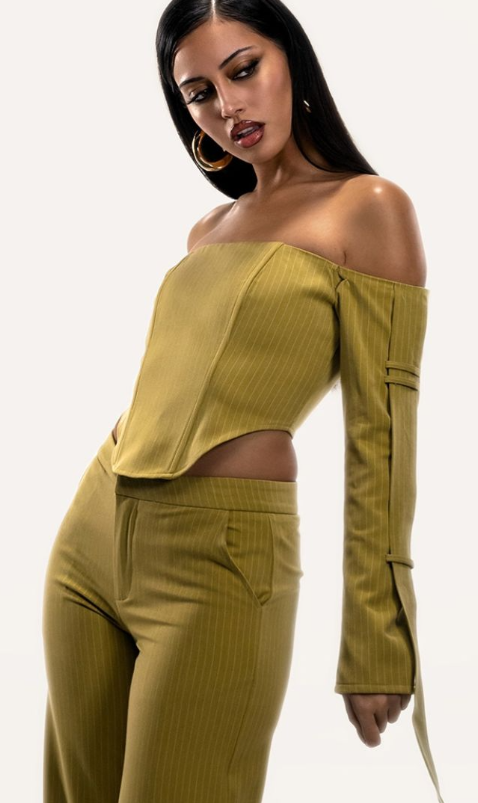 PLT Label Chartreuse Pinstripe Bardot Sleeve Detail Corset