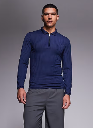ASOS DESIGN muscle fit long sleeve polo in navy rib .