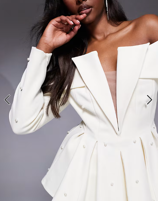 ASOS LUXE co-ord pearl embellished off shoulder tailored blazer in cream