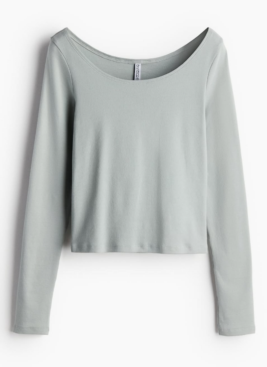 H&M - BOAT-NECK COTTON TOP - Lt Sage