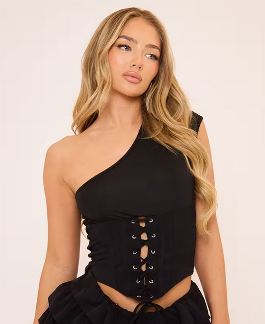 One Shoulder Lace Up Front Corset Top In Black