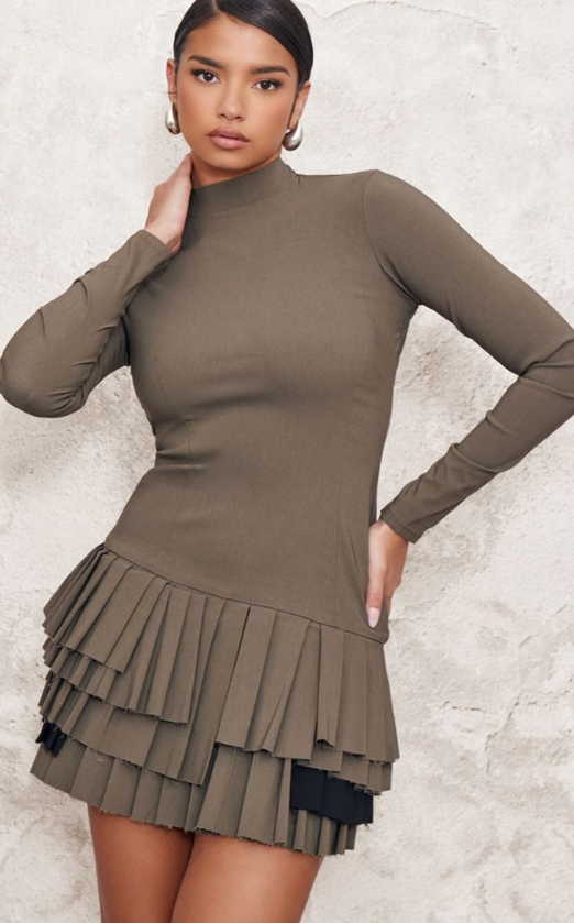 Plt - Khaki Stretch Woven Extreme Pleated Long Sleeve Shift Dress