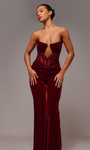 Cherry Red Velvet Corset Bandeau Ruched Jumpsuit