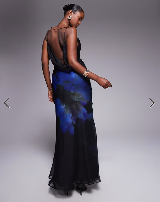 ASOS DESIGN cowl neck plunge maxi dress with back detail in purple placement floral print