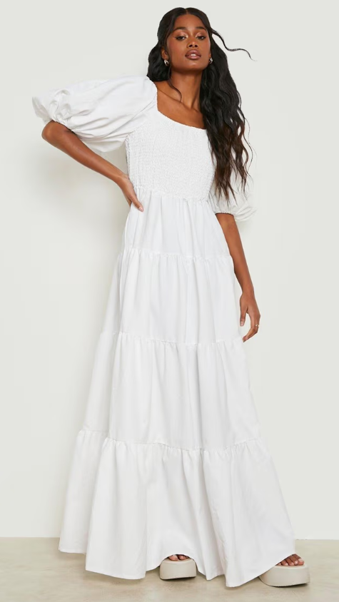 Boohoo - Extreme Puff Sleeve Shirred Maxi Smock Dress - white