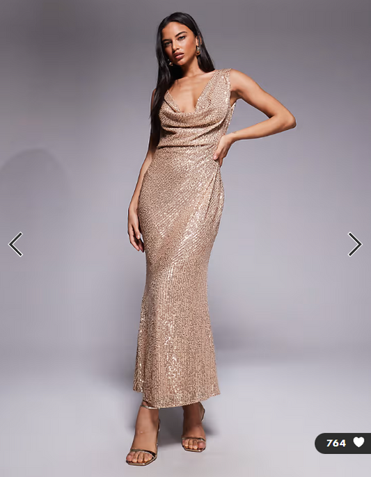TFNC cowl neck maxi dress with open back in gold sequin