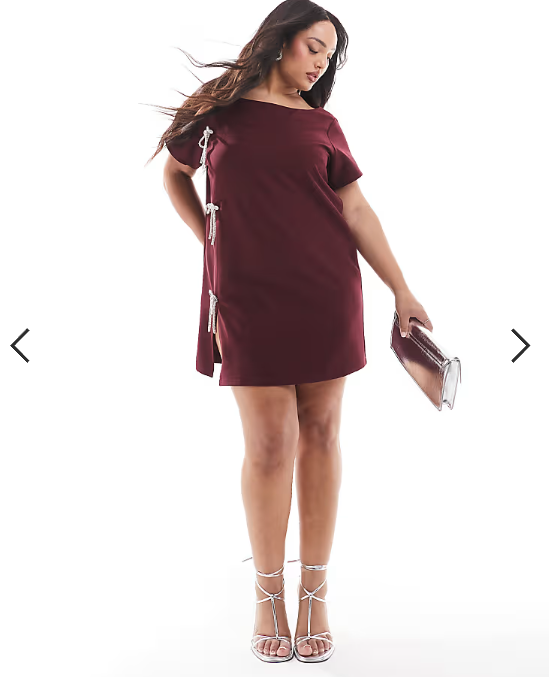 Renee Studio Plus x Michelle Nayla exclusive embellished bow detail side split mini dress in burgundy
