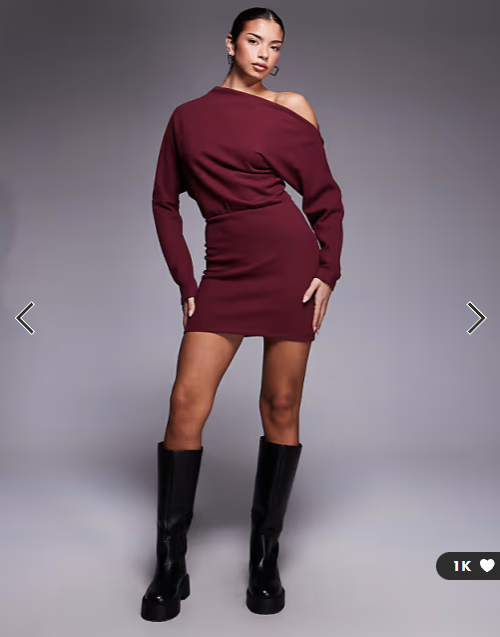ASOS DESIGN supersoft long sleeve fallen shoulder mini dress in mulberry
