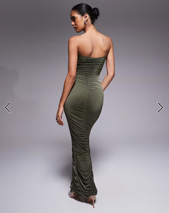 ASOS DESIGN bandeau ruched maxi dress in khaki