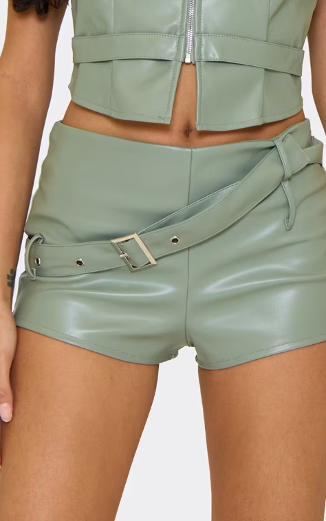 Ego - Mid Rise Belt Detail Shorts In Sage Green Faux Leather