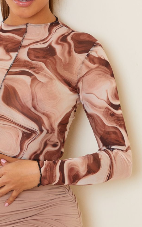 Shape Brown Tie Dye Sheer Mesh Seam Detail Crop Top
