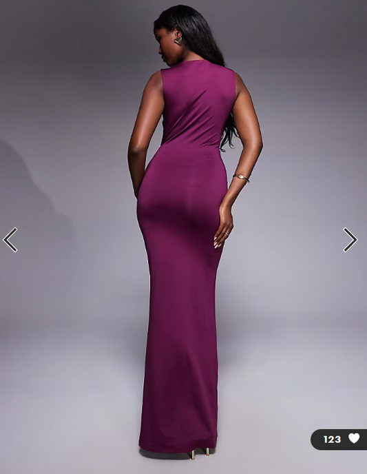 Aria Cove double layered slinky cut out high neck twist front maxi dress in plum