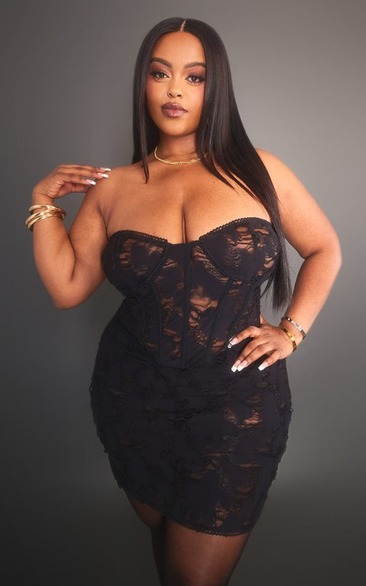 Plus Black Distressed Laddered Mini Dress