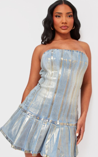 Gold Metallic Coated Denim Bandeau Skater Dress