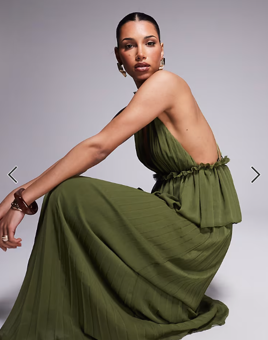 ASOS DESIGN pleated plunge midi dress with peplum in dark khaki