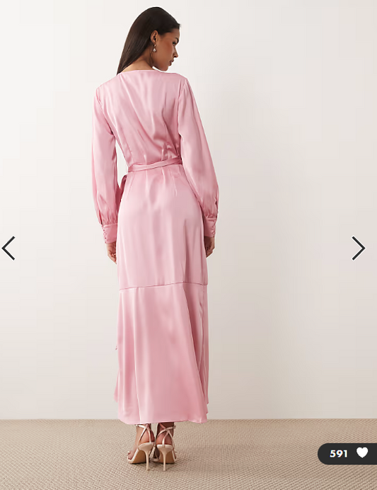 Vila long sleeve satin wrap midi dress in light pink