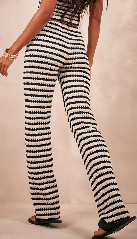 Black Stripe Textured Rib Flared Trousers