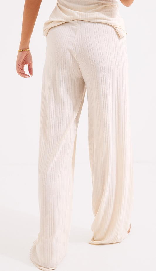 Cream Ribbed Low Rise Wide Leg Pants