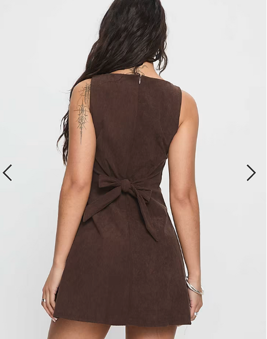 Princess Polly Alfalfa corduroy high neck bow detail mini dress in chocolate