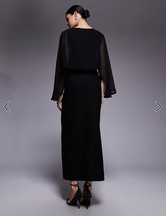 ASOS DESIGN asymmetric sleeve maxi dress with chiffon cape in black
