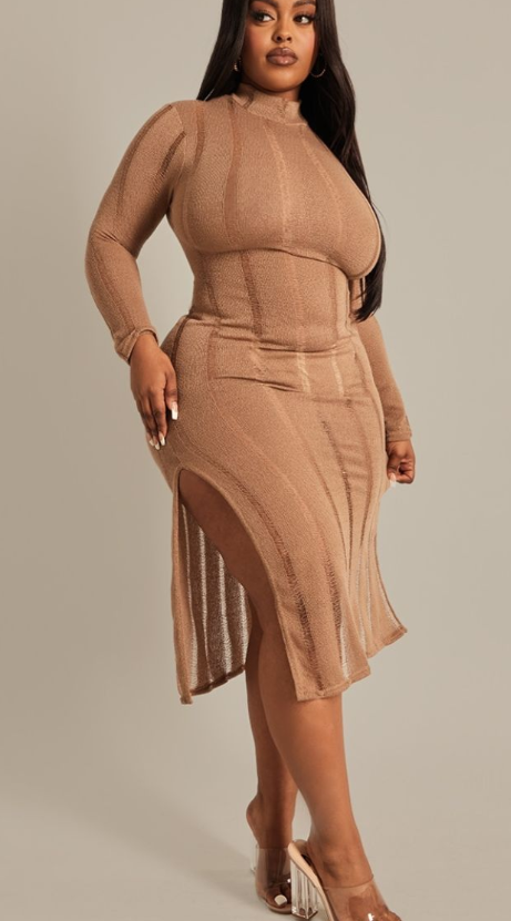 Plus Oatmeal Distressed Long Sleeve Midi Dress