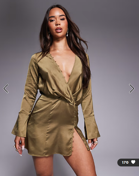 ASOS DESIGN satin bias cut drape mini dress with button detail in olive