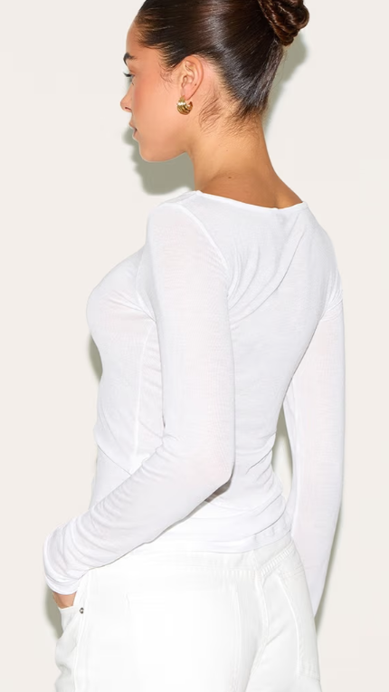 Plt - White Sheer Soft Touch Crew Neck Long Sleeve Top