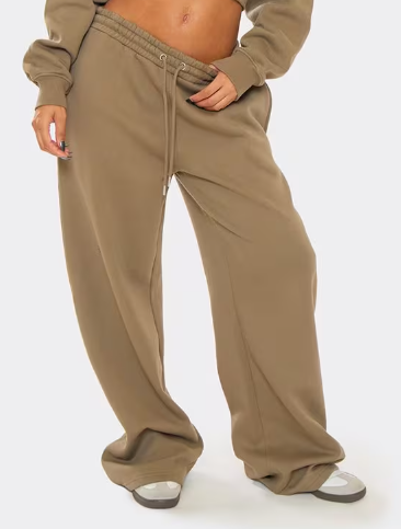 Drawstring Waist Wide Leg Joggers In Washed Khaki