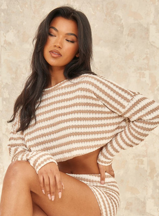 Taupe Stripe Textured Rib Oversized Crop Top