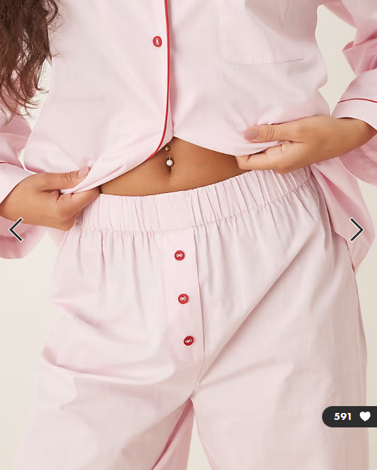 ASOS DESIGN woven shirt & wide leg pyjama set in pink with contrast piping in red
