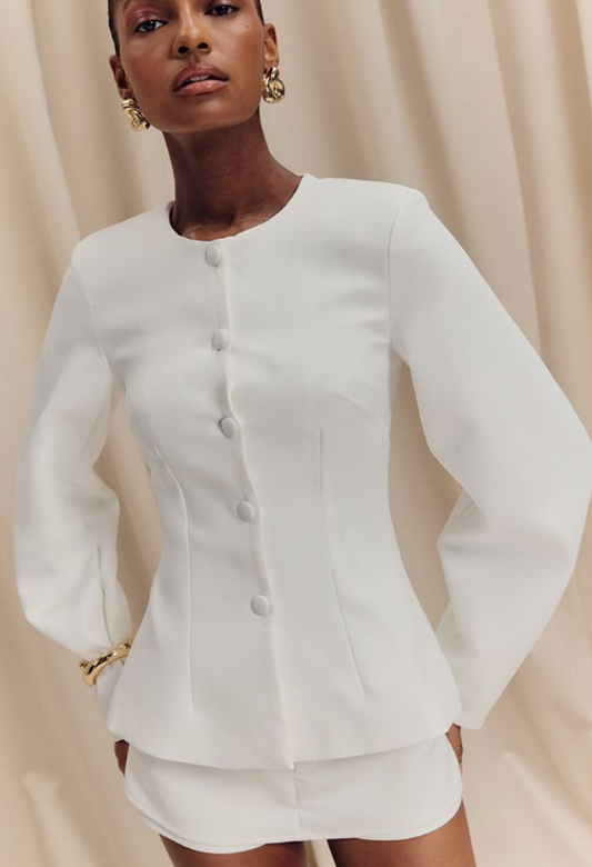 White Woven Cinched Waist Cocoon Sleeve Button Up Blazer