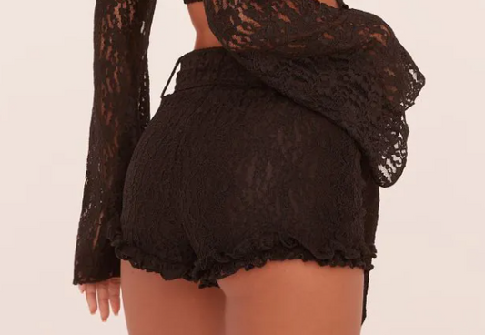 Low Rise Belted Micro Shorts In Black Lace