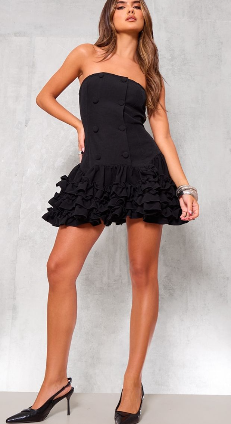 Black Bandeau Frill Button Down Mini Dress