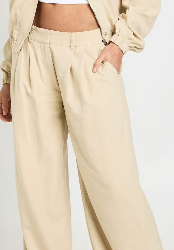 Boohoo Peached Pleated Wide Leg Trousers - stone