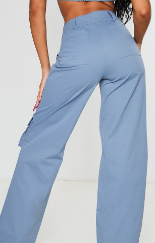 Steel Blue Twill Pocket Detail High Waist Cargo Trousers