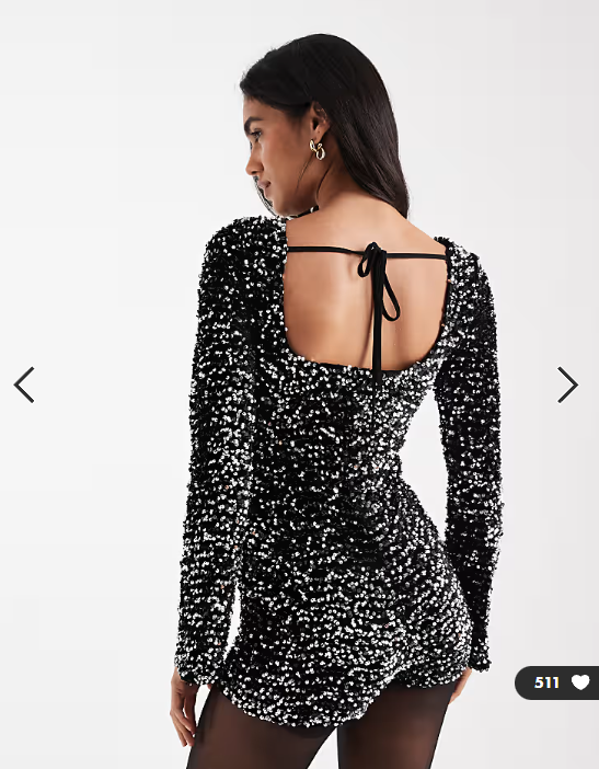 ASOS DESIGN velvet sequin long sleeve playsuit in silver