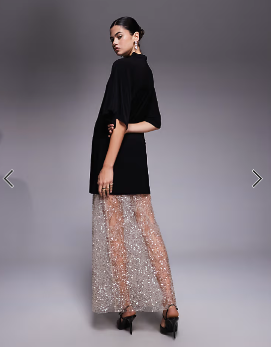 ASOS DESIGN 2 in 1 short sleeve t-shirt and lace sequin skirt maxi dress in champagne