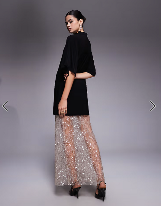 ASOS DESIGN 2 in 1 short sleeve t-shirt and lace sequin skirt maxi dress in champagne