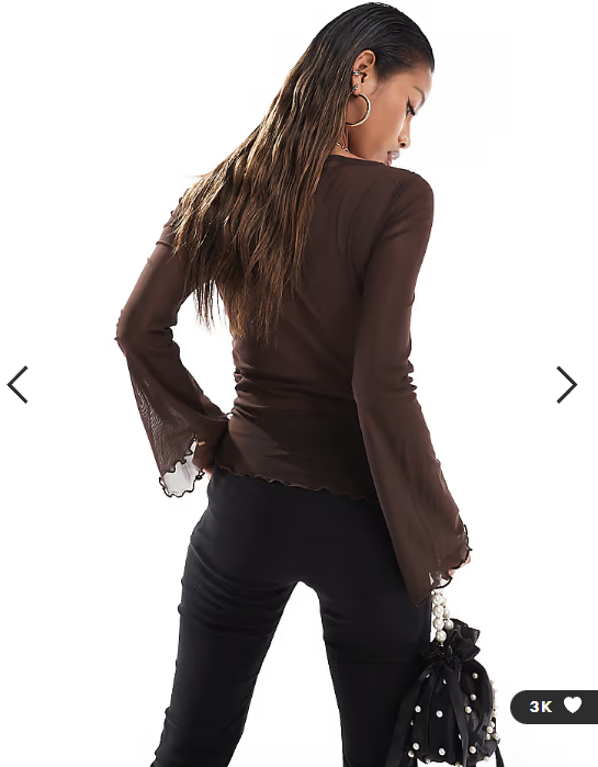 ASOS DESIGN mesh drawstring top with flute sleeve chocolate