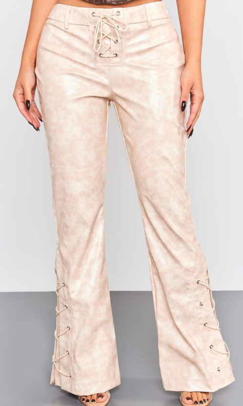 Plt - Petite Beige Faux Leather Lace Up Leg Trousers