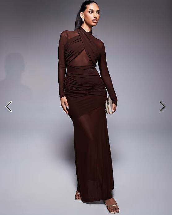 Bardot Veria wrap mesh maxi dress in chocolate