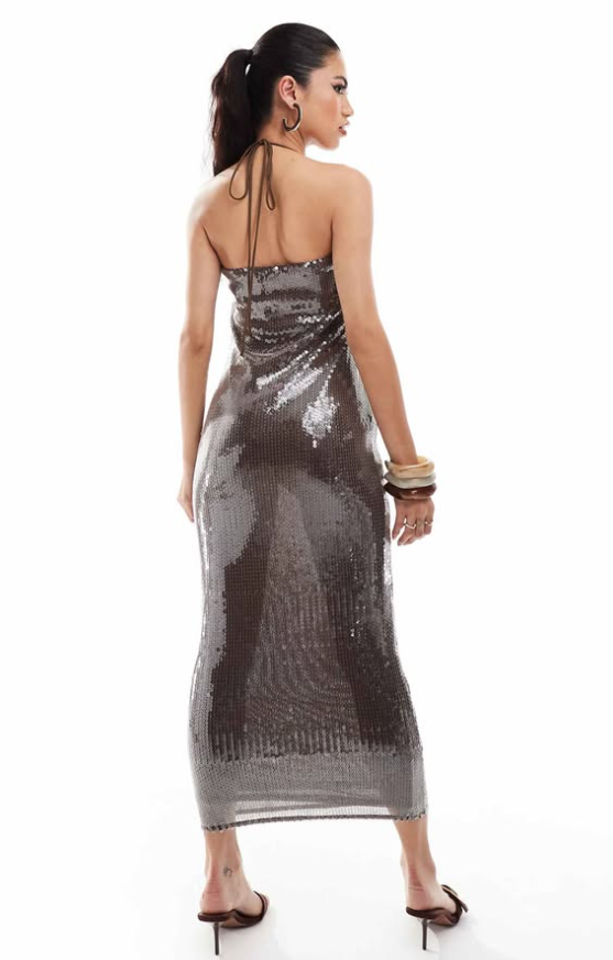 Asos - sheer sequin square neck midi dress in brown