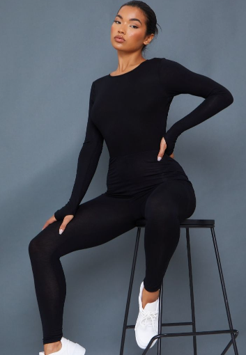 Black Thumbhole Open Back Jersey Jumpsuit