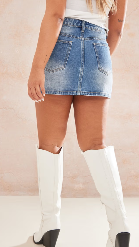 Plt - Mid Blue Wash Split Front Denim Mini Skirt