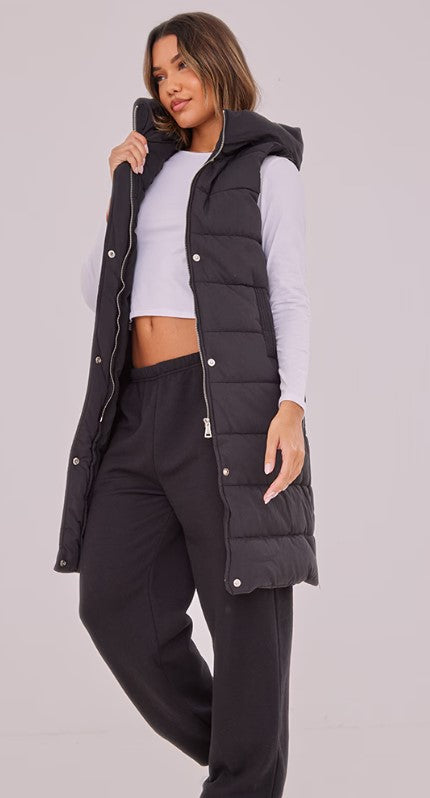 Black Panel Padded Longline Gilet