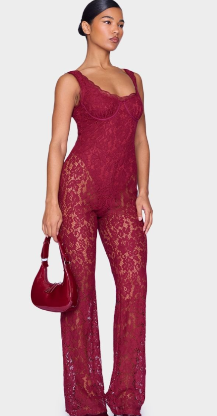 Burgundy Lace Boning Detail Strappy Flared Jumpsuit