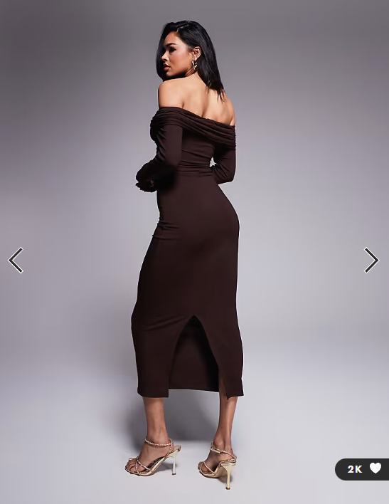 ASOS DESIGN off shoulder twist midi dress with long sleeves in chocolate