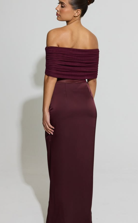 Aria Cove - bardot sheer panel drape detail fishtail satin maxi dress in burgundy