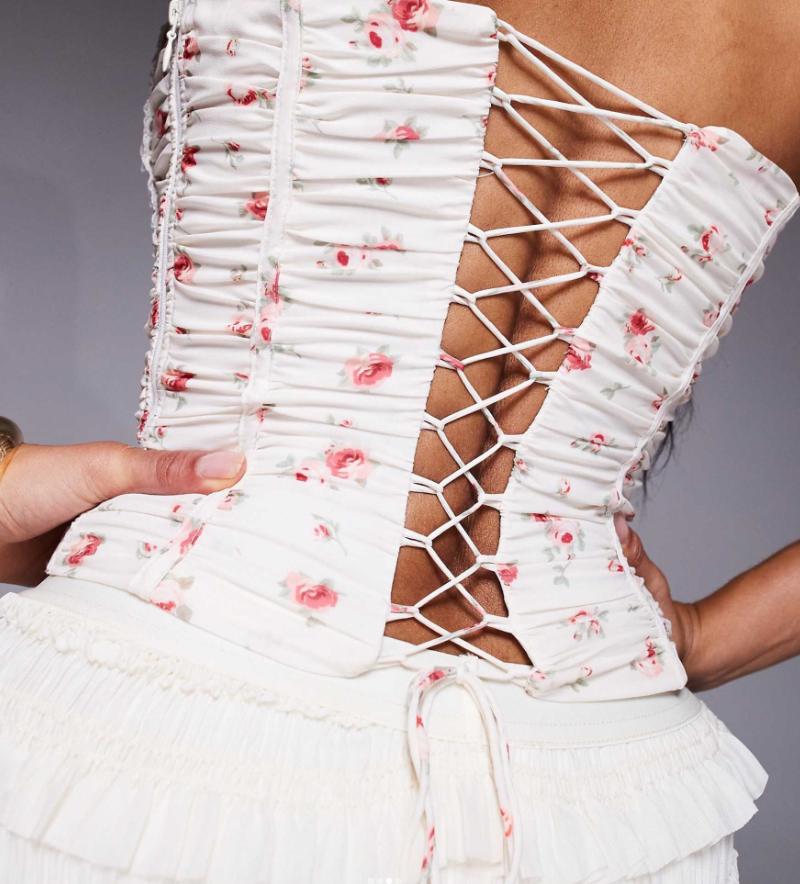 Oh Polly Trova Ruched lace-up corset top in rose print
